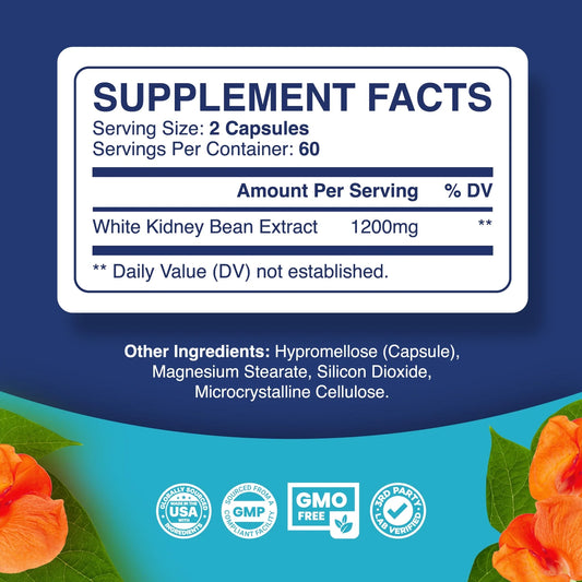 White Kidney Bean Extract Capsules - Ultra High Potency Optimized Extract for Enhanced Energy Digestion and AMPK Activation - Vegan Non-Gmo Gluten Free Fiber and Antioxidant Rich Starch Inhibitor