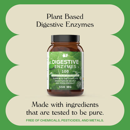 Natural Plant Based Digestive Enzymes - 100 Capsules, 550Mg