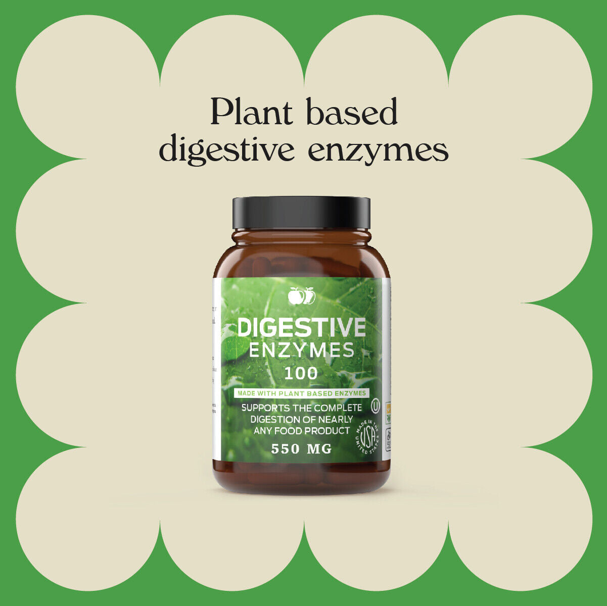 Natural Plant Based Digestive Enzymes - 100 Capsules, 550Mg