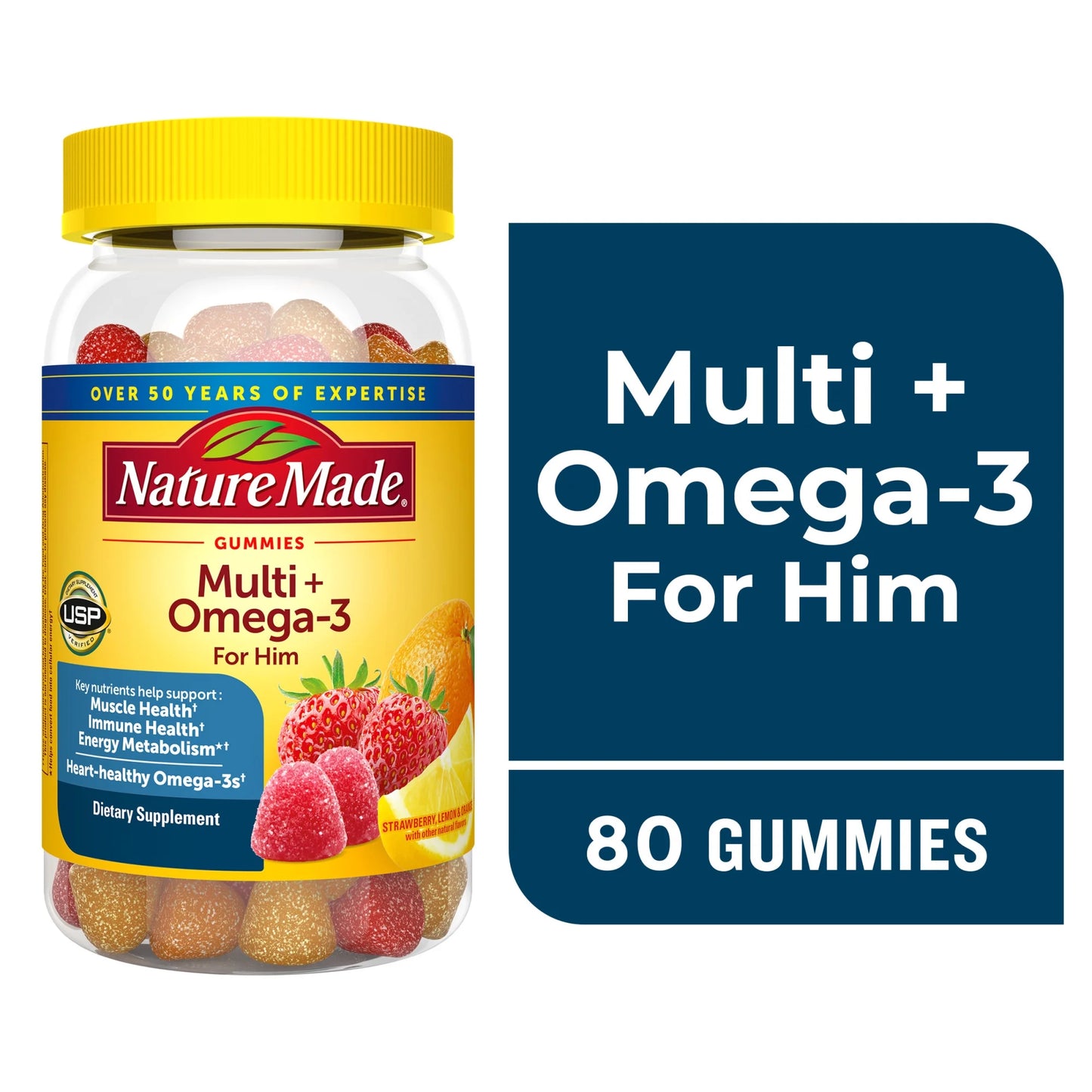 Mens Multivitamin + Omega-3 Gummies for Daily Nutritional Support, 80 Count